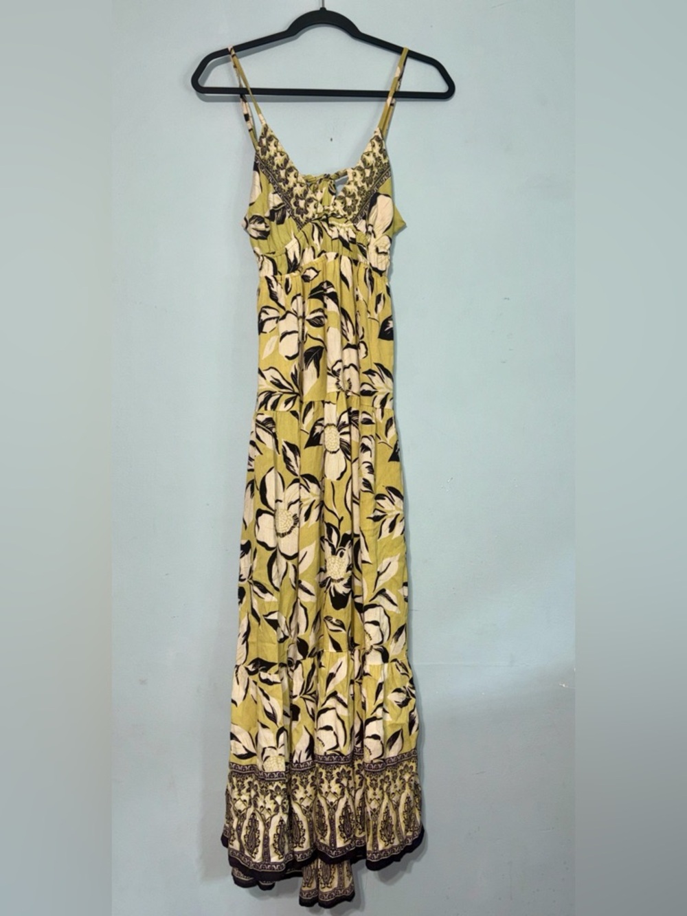 Medium Angie Chartreuse Green black boho Floral Rayon open back tie Maxi Dress